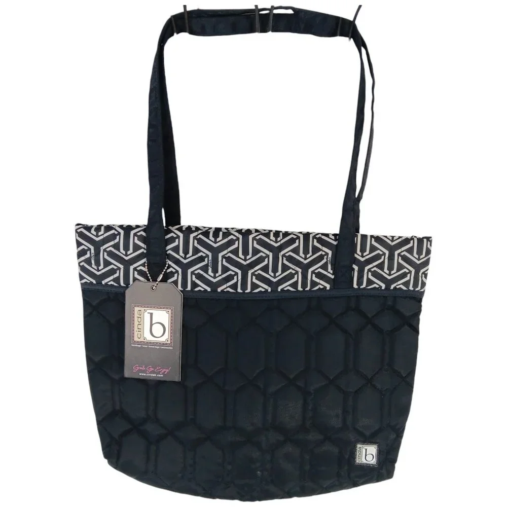 CINDA B- Jet Set Black-Tote-Purse-Shoulder Bag-Quilted Pattern-Black-White - Picture 1 of 10
